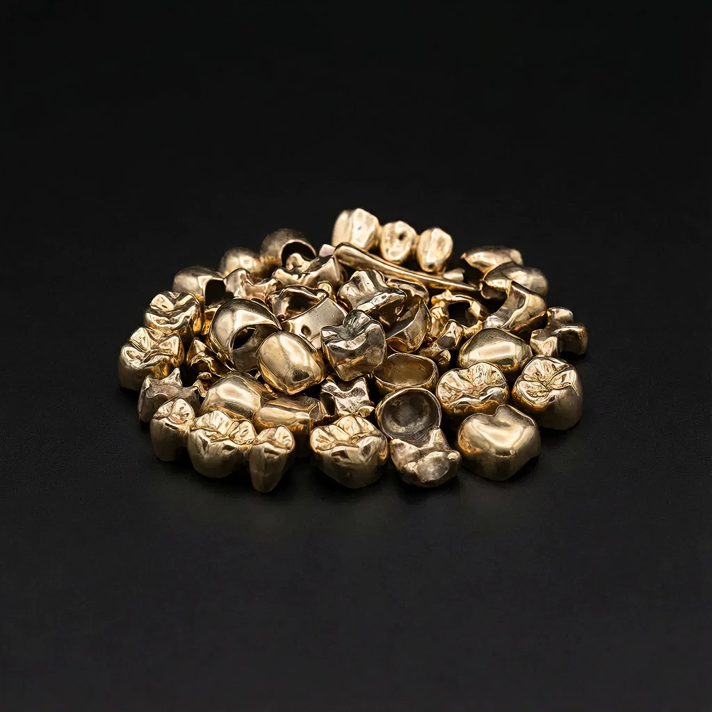 Gold dental crowns on dark background