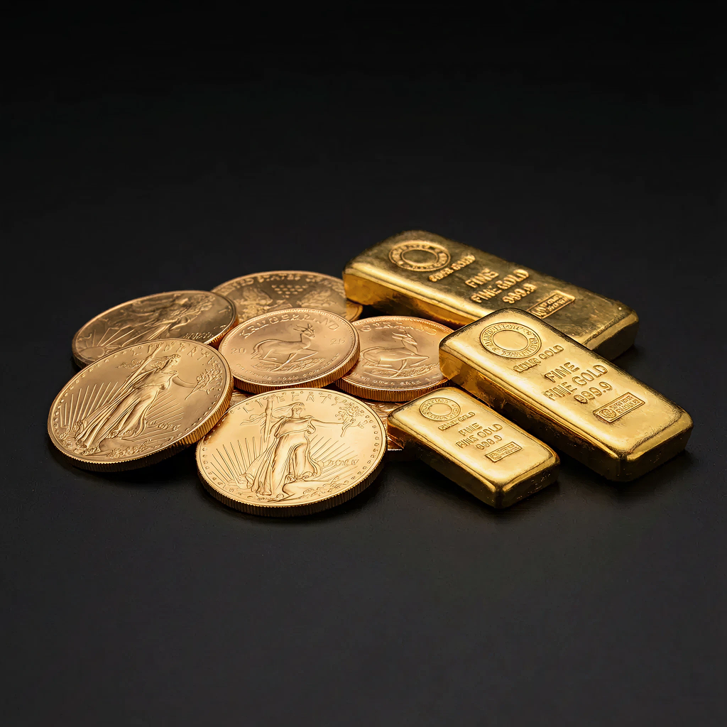 Gold coins and bullion bars