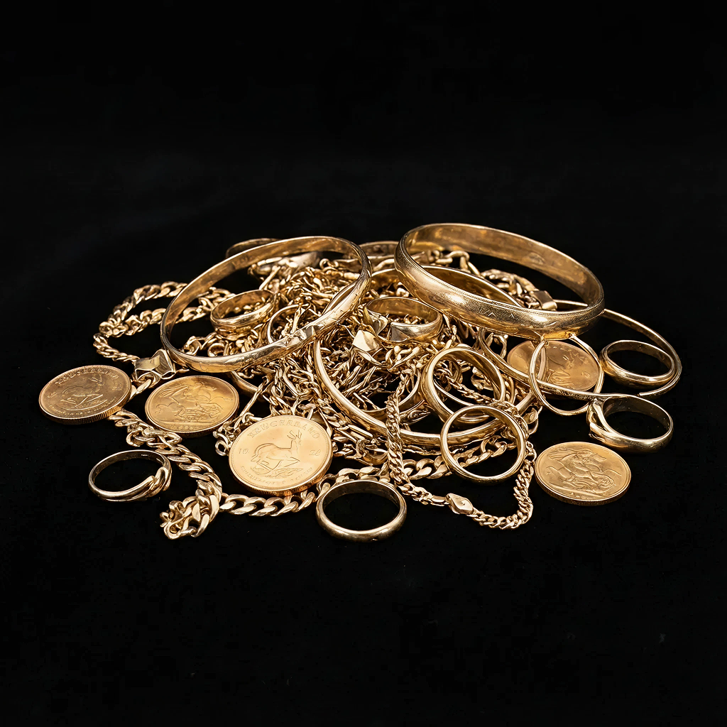 Gold jewelry, coins, and cash