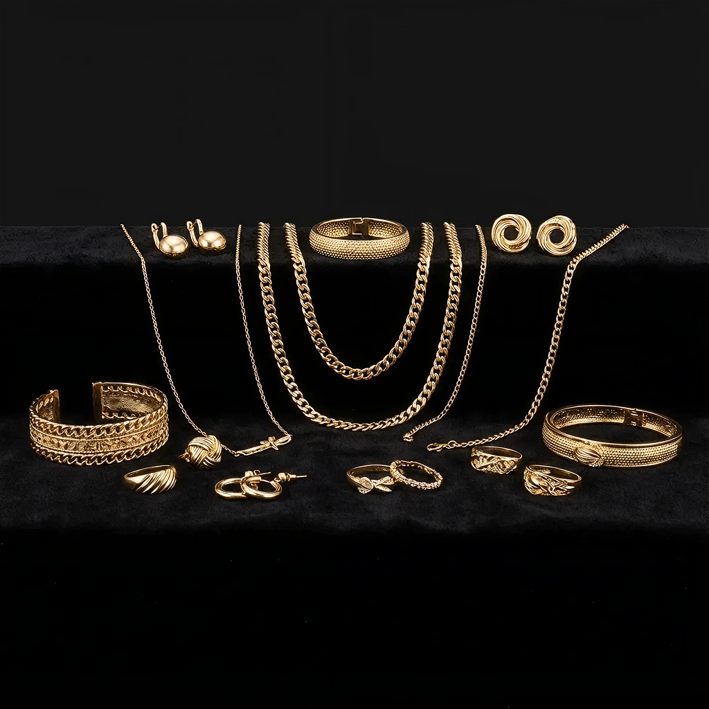 Gold necklaces, earrings, and bracelets on velvet
