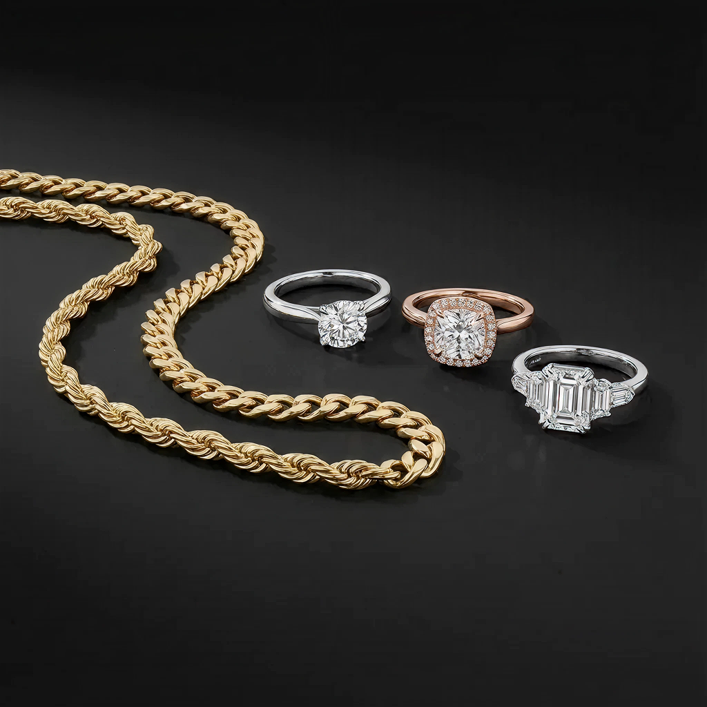 Gold rope chain and diamond rings
