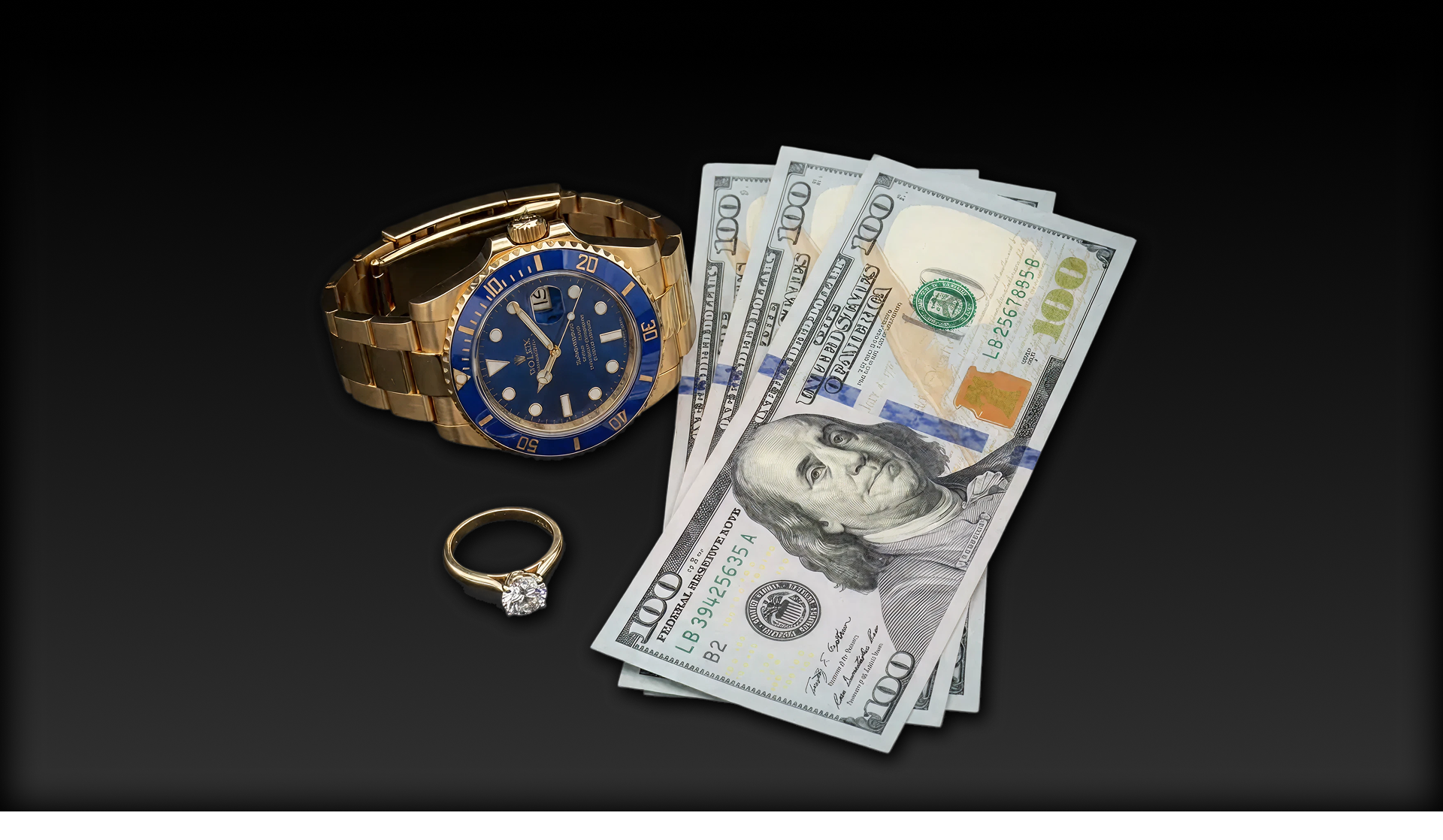 Gold watch, diamond ring, and cash