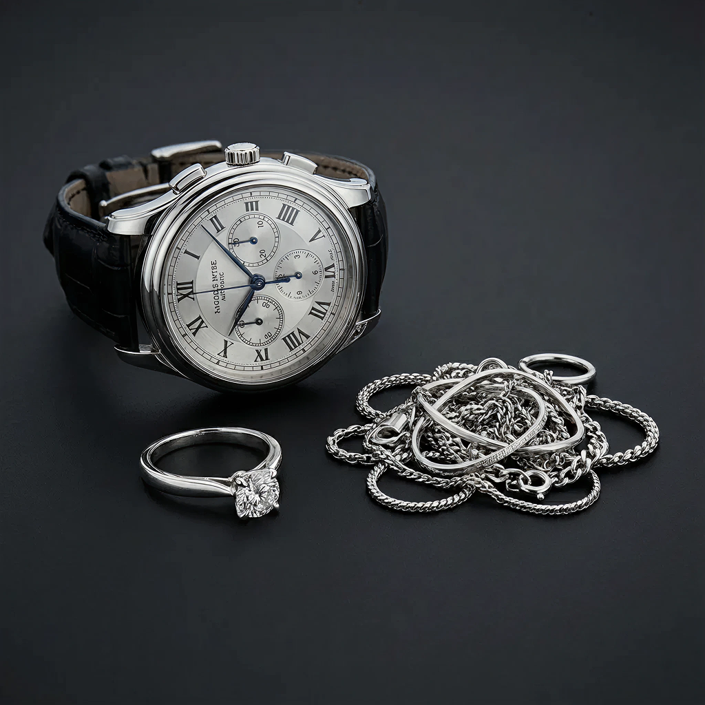 Platinum watch, diamond ring, and chains