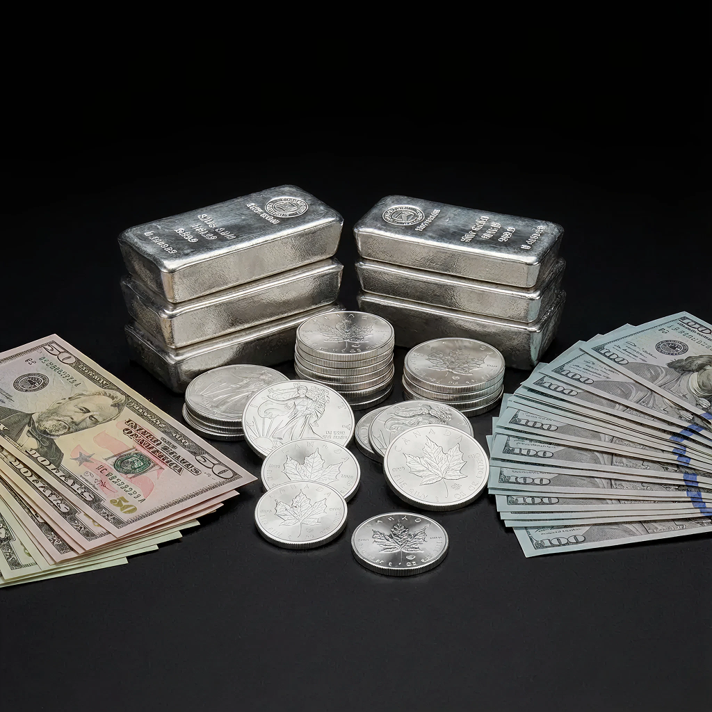 Silver bars, coins, and cash