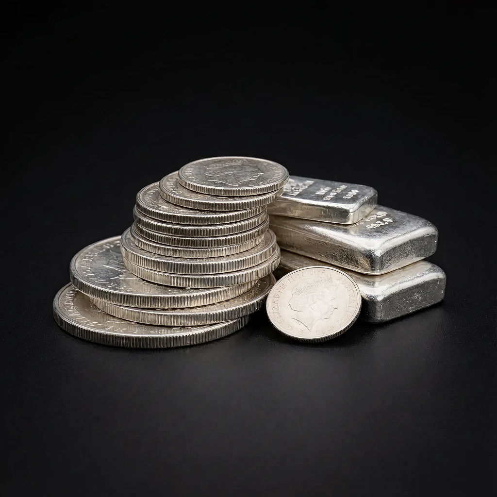 Stacked silver coins and bullion bars