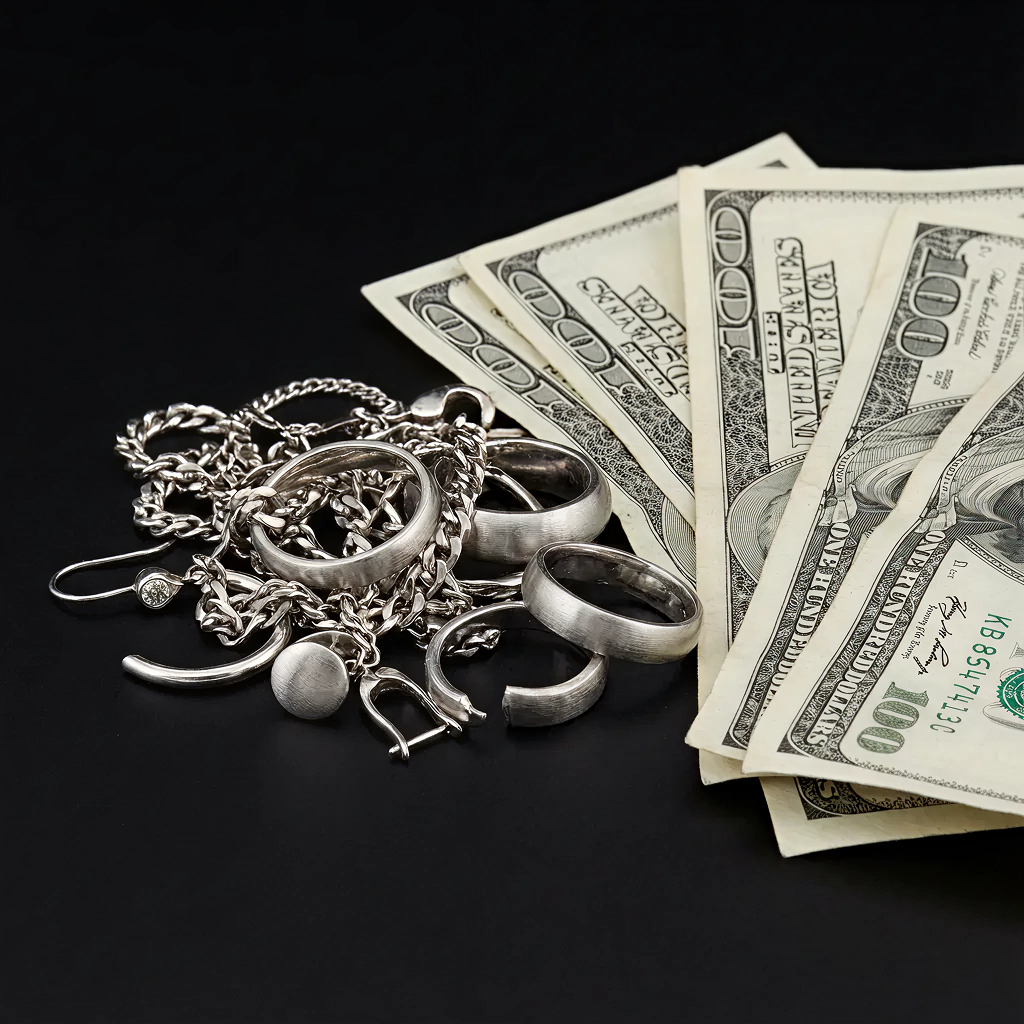 Silver jewelry and cash bills