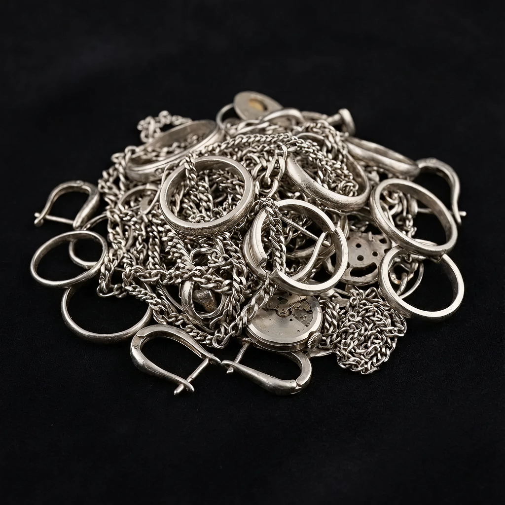 Collection of silver necklaces and rings