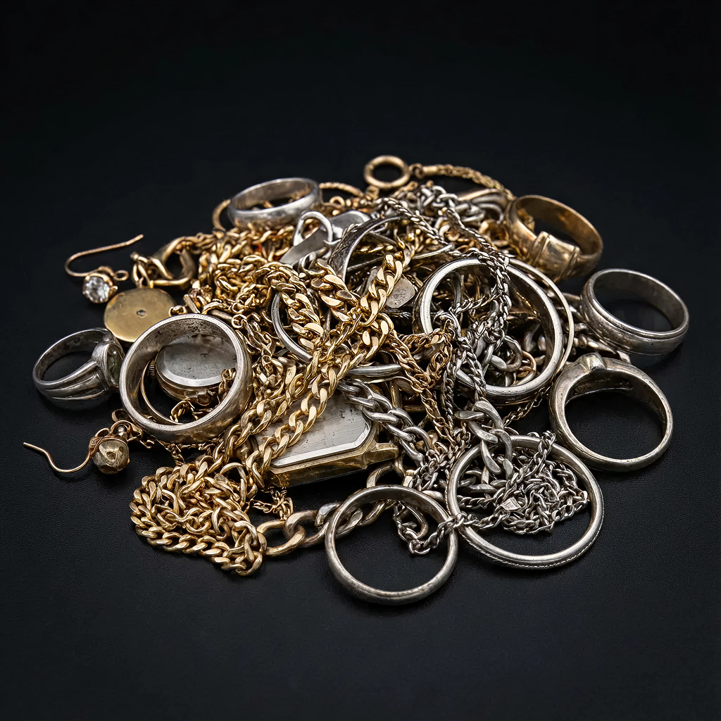 Pile of scrap silver chains and jewelry