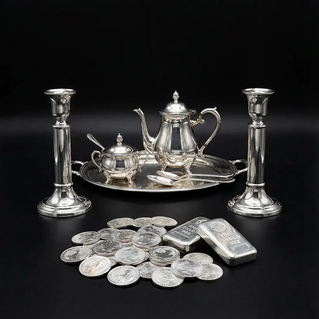 Silver tea set and coins