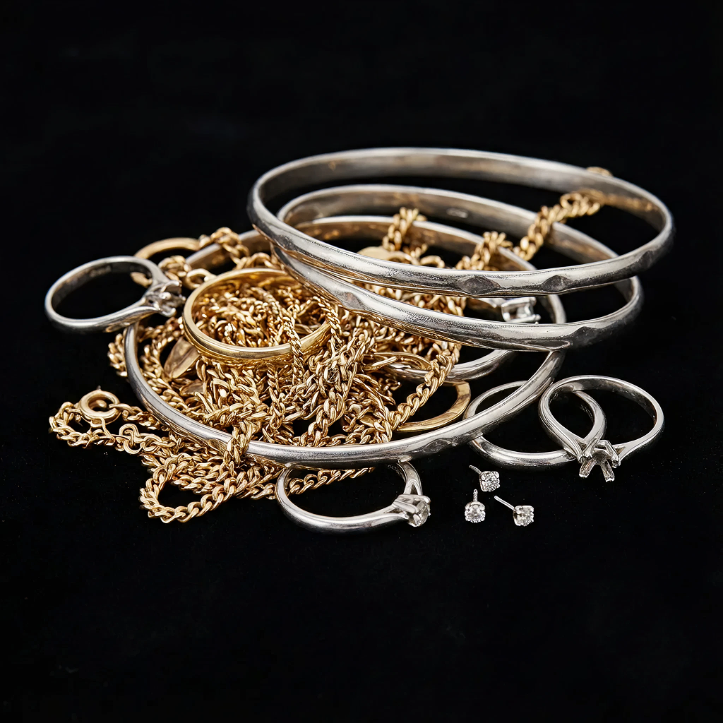Tangled gold bracelets, rings, and scrap jewelry